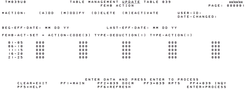 Table 039, FEHB Action Update Screen