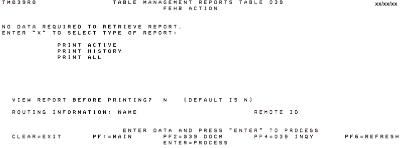 Table 039, FEHB Action Reports Screen