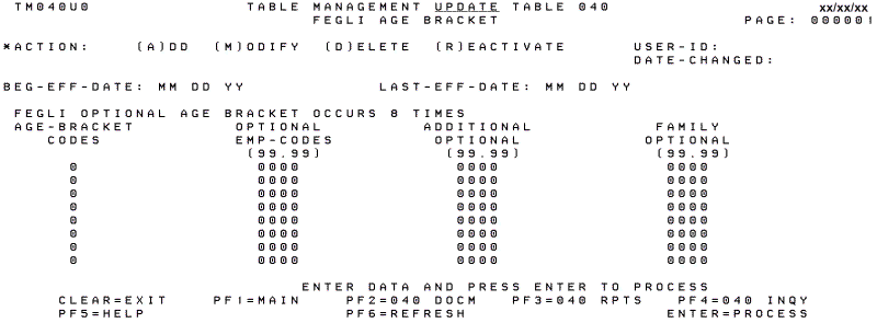 Table 040, FEGLI Age Bracket Update Screen