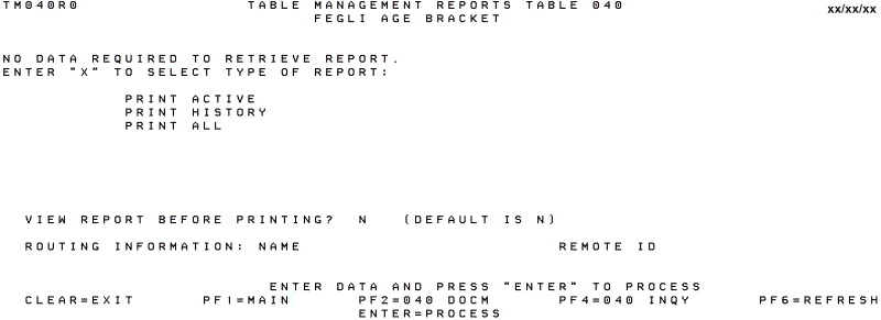 Table 040, FEGLI Age Bracket Reports Screen