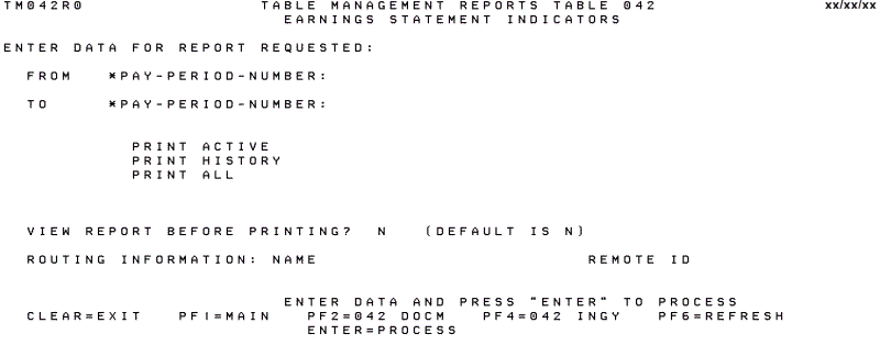 Table 042, Earnings Statement Indicators Reports Screen