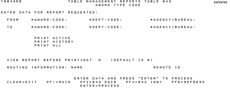 Table 043, Award Type Code Reports Screen