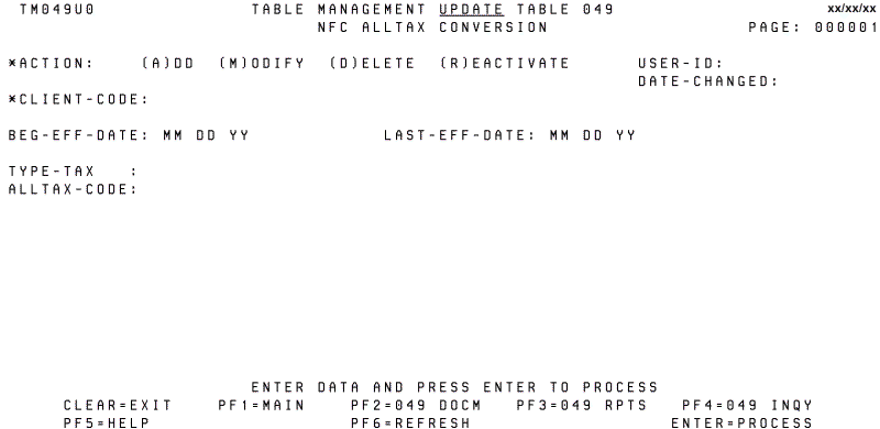 Table 049, NFC ALLTAX Conversion Update Screen