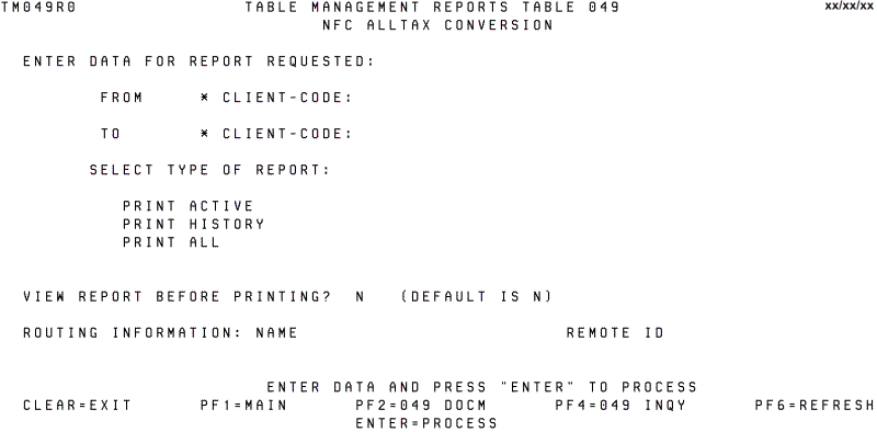 Table 049, NFC ALLTAX Conversion Reports Screen