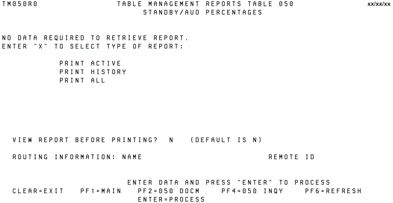 Table 050, Standby AUO/Percentages Reports Screen