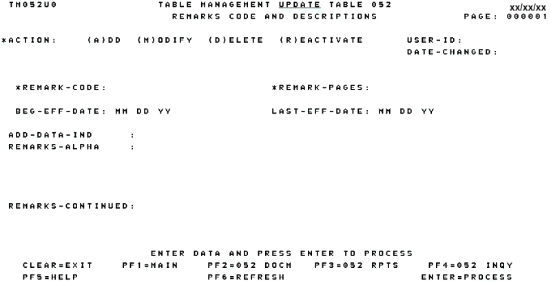 Table 052, Remarks Code and Descriptions Update Screen