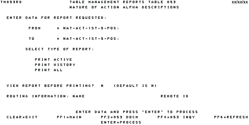 Table 053, Nature of Action Alpha Descriptions Reports Screen