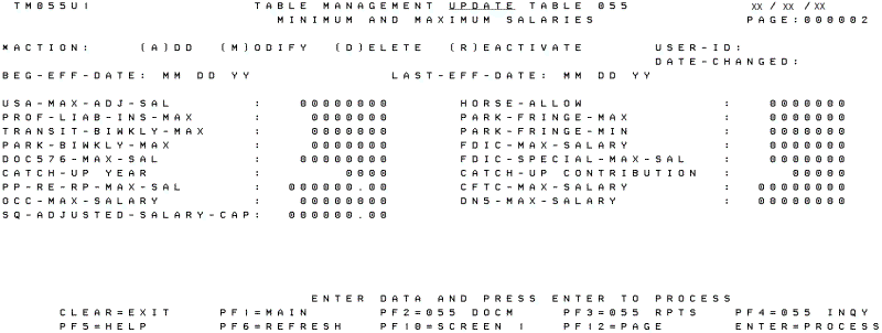 Table 055, Minimum and Maximum Salaries Update Screen (Page 000002)