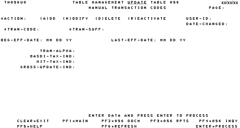 Table 056, Manual Transaction Codes Update Screen