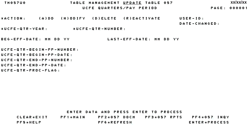 Table 057, UCFE Quarters/Pay Period Update Screen