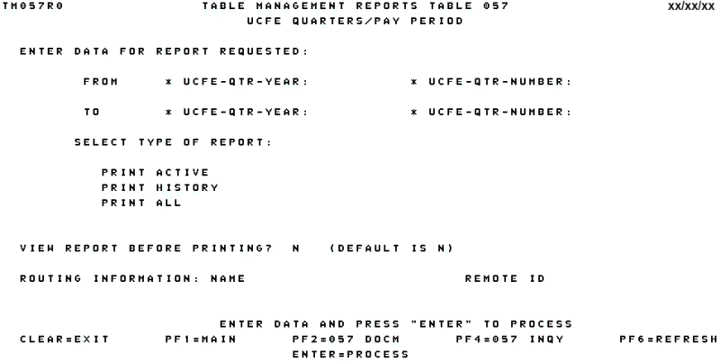 Table 057, UCFE Quarters/Pay Period Reports Screen