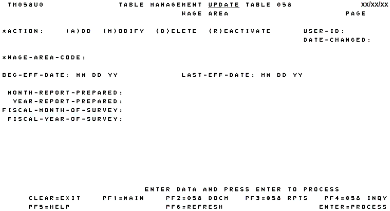 Table 058, Wage Area Update Screen