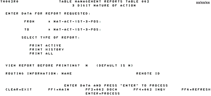 Table 062, 3 Digit Nature of Action Reports Screen