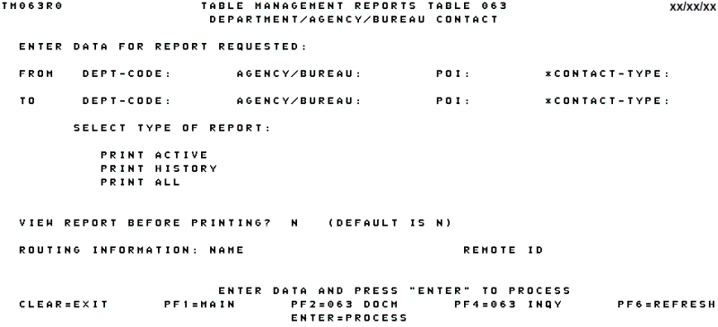 Table 063, Department/Agency/Bureau Contact Reports Screen