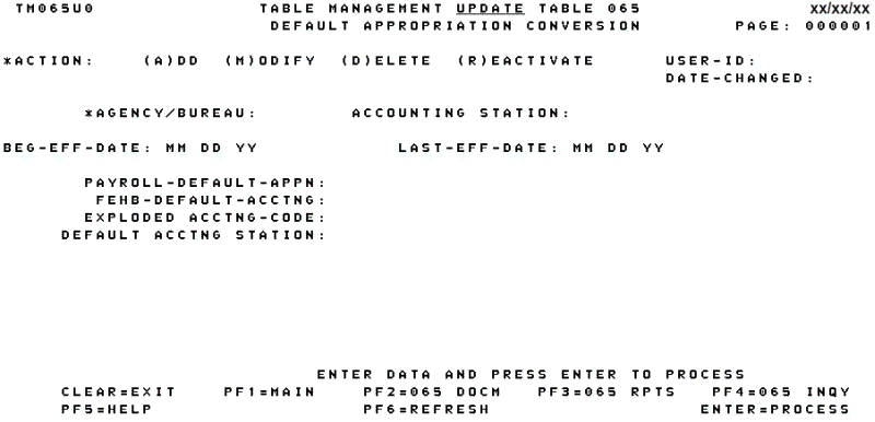 Table 065, Default Appropriation Conversion Update Screen