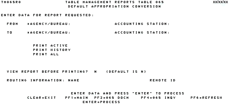 Table 065, Default Appropriation Conversion Reports Screen