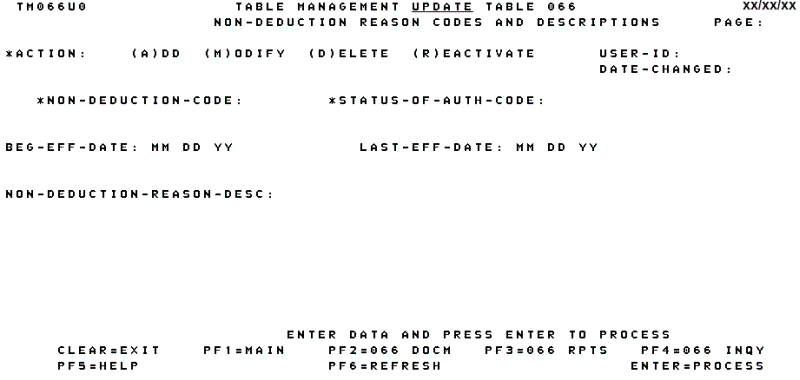 Table 066, Non-Deduction Reason Codes and Descriptions Update Screen