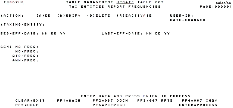 Table 067, Tax Entities Report Frequencies Update Screen