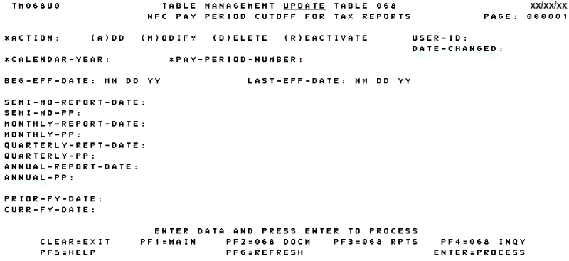 Table 068, NFC Pay Period Cutoff for Tax Reports Update Screen