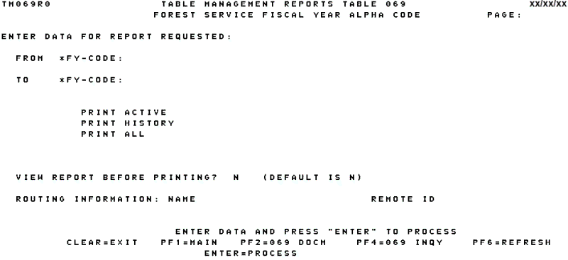 Table 069, Forest Service Fiscal Year Alpha Code Reports Screen