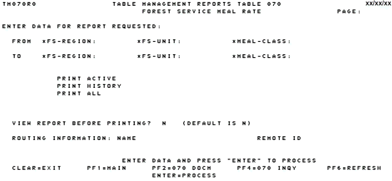Table 070, Forest Service Meal Rate Reports Screen
