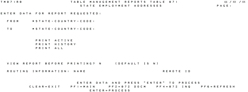 Table 071, State Employment Addresses Reports Screen