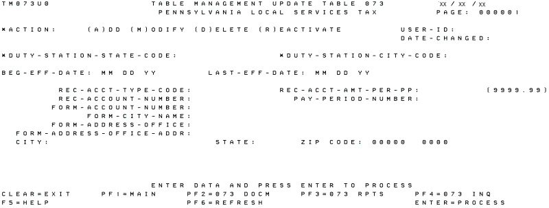 Table 073, Pennsylvania Local Services Tax Update Screen