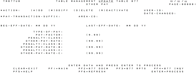 Table 077, Other Pay Update Screen