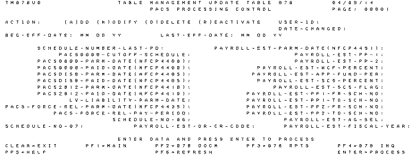 Table 078, PACS Processing Control Update Screen