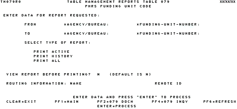 Table 079, PMRS Funding Unit Code Reports Screen