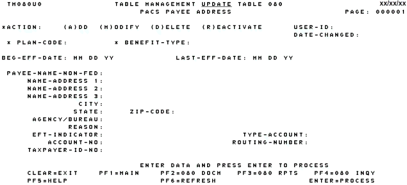 Table 080, PACS Payee Address Update Screen