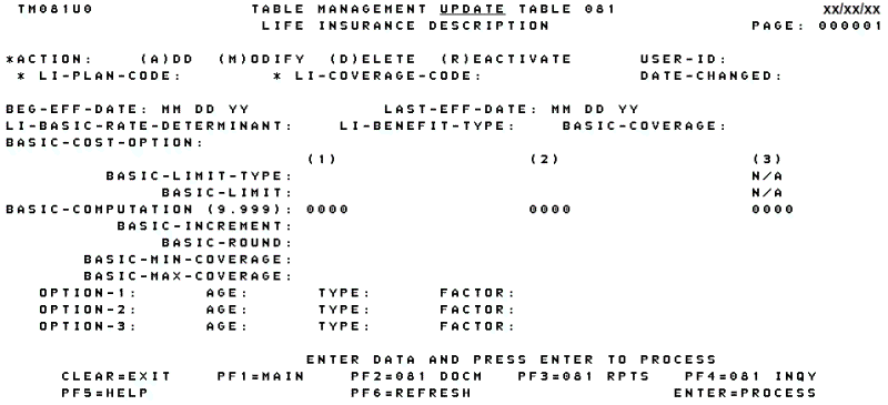 Table 081, Life Insurance Description Update Screen