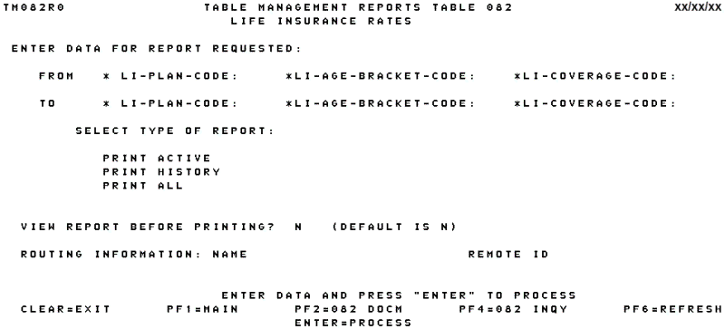 Table 082, Life Insurance Rates Reports Screen