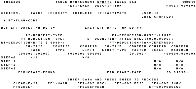 Table 083, Retirement Description Update Screen