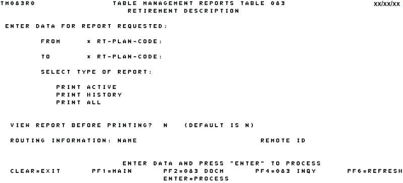 Table 083, Retirement Description Reports Screen