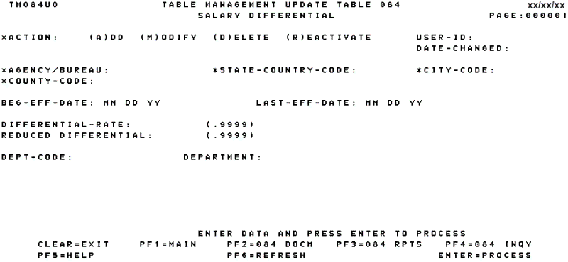 Table 084, Salary Differential Update Screen