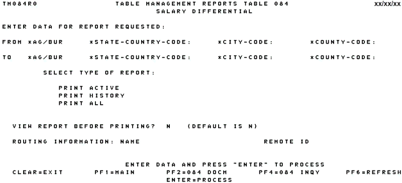 Table 084, Salary Differential Reports Screen