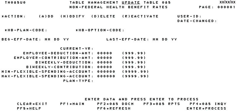 Table 085, Non-Federal Health Benefit Rates Update Screen