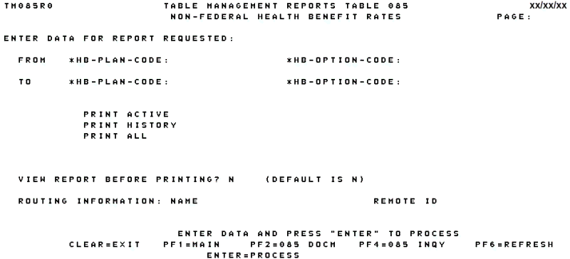 Table 085, Non-Federal Health Benefit Rates Reports Screen