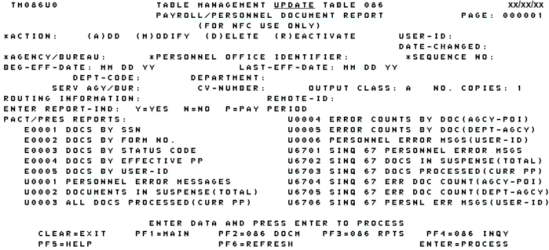 Table 086, Payroll/Personnel Document Report Update Screen