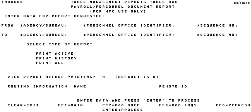 Table 086, Payroll Personnel Document Report Reports Screen