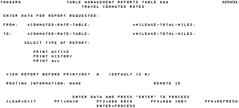 Table 088, Travel Commuted Rates Reports Screen