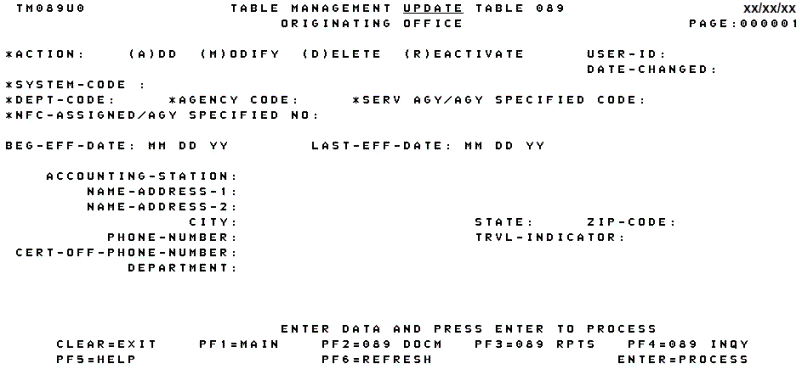 Table 089, Originating Office Update Screen