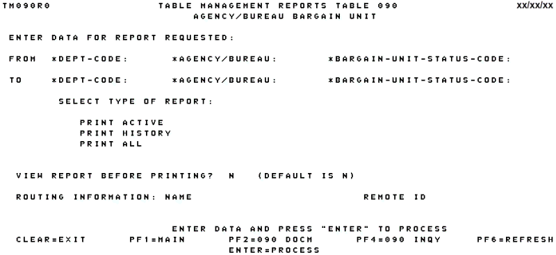 Table 090, Agency/Bureau Bargin Unit Reports Screen