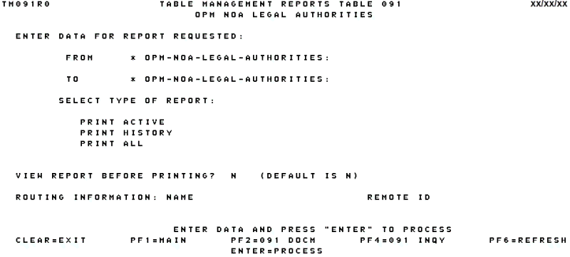 Table 091, OPM NOA Legal Authorities Reports Screen