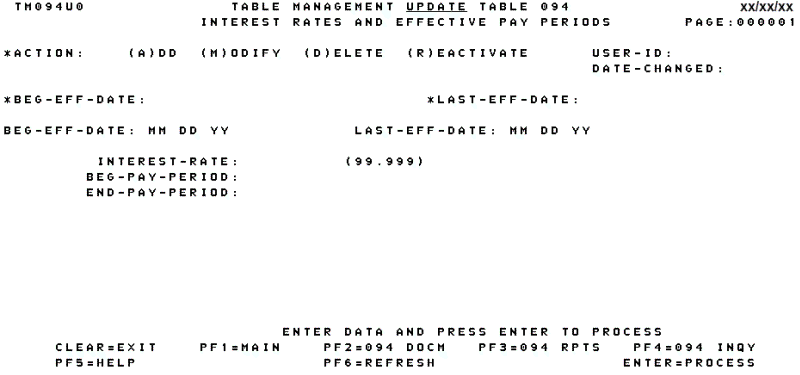 Table 094, Interest Rates and Effective Pay Periods Update Screen