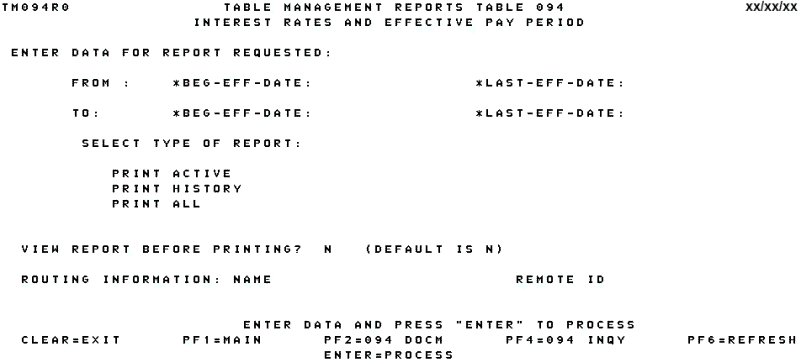 Table 094, Interest Rates and Effective Pay Periods Reports Screen