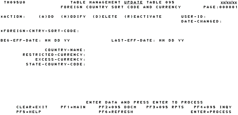 Table 095, Foreign Country Sort and Currency Update Screen