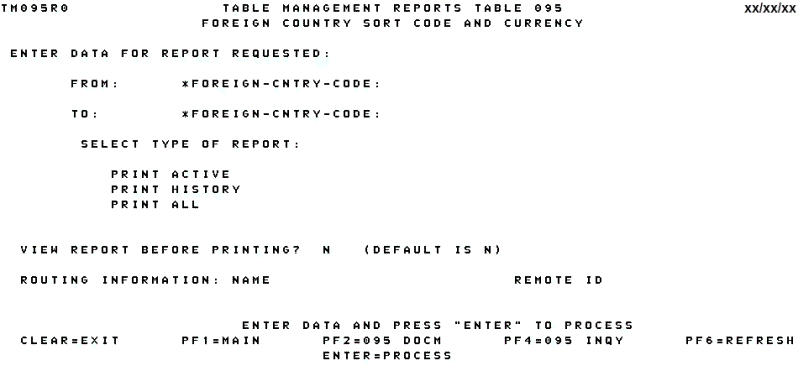 Table 095, Foreign Country Sort and Currency Reports Screen