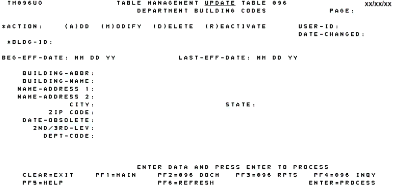 Table 096, Department Building Codes Update Screen